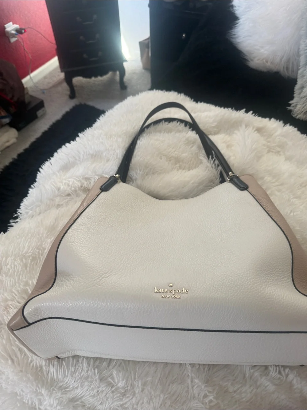kate spade White and Blush/Tan Leather Shoulder Bag